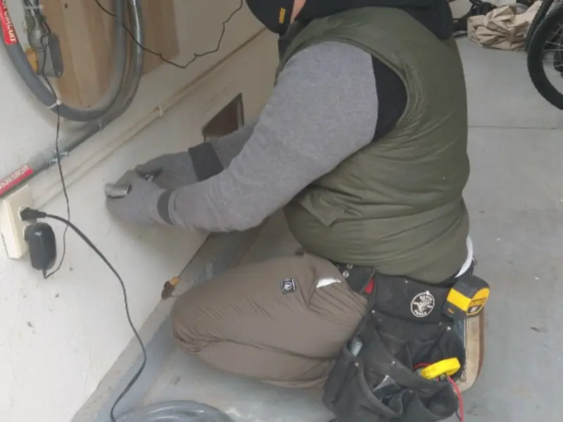Electrician performing outlet wiring in a Fowler garage